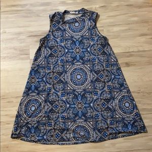 Mock Neck Blue Patterned Short Dress